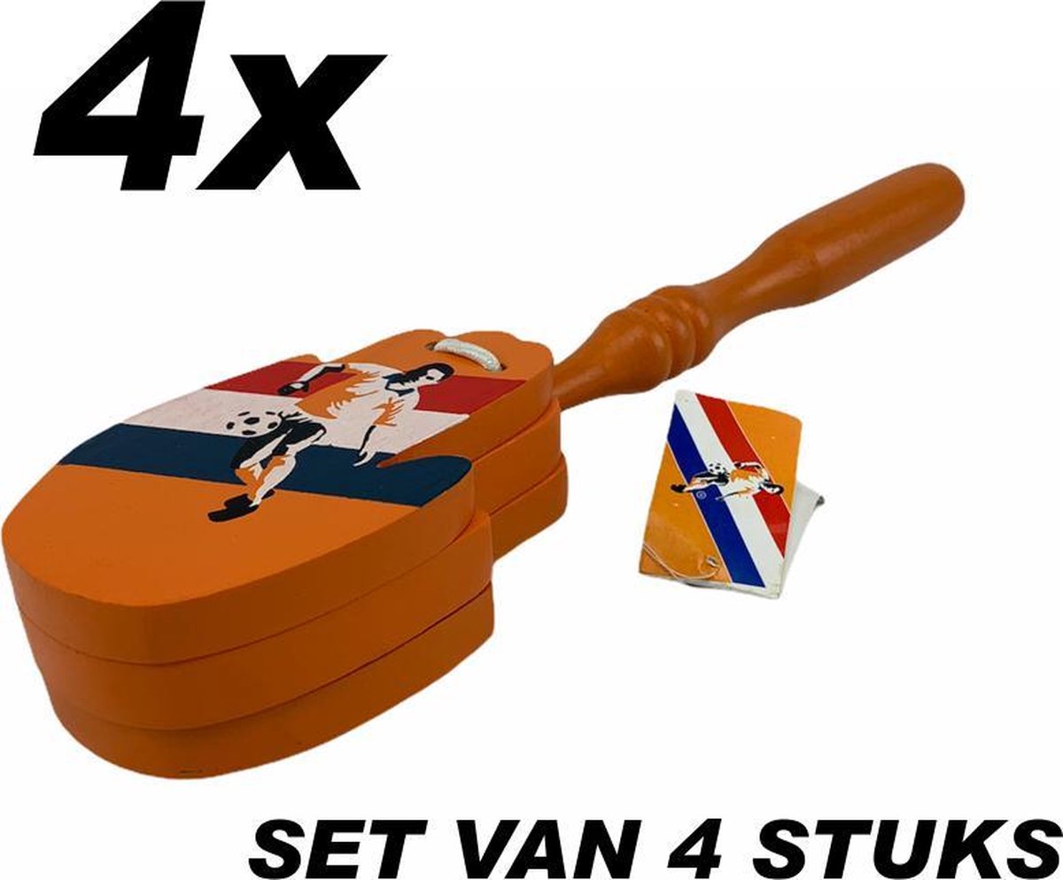 Oranje Voetbal Handklappers van hout | SET VAN 4 STUKS | Luxe klaphandjes voordeelset